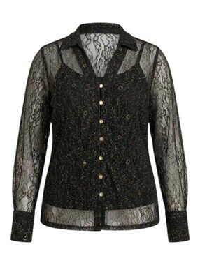 NEW Devoted Plus Size Sheer Metallic Gold & Black Lace Button-Down Blouse